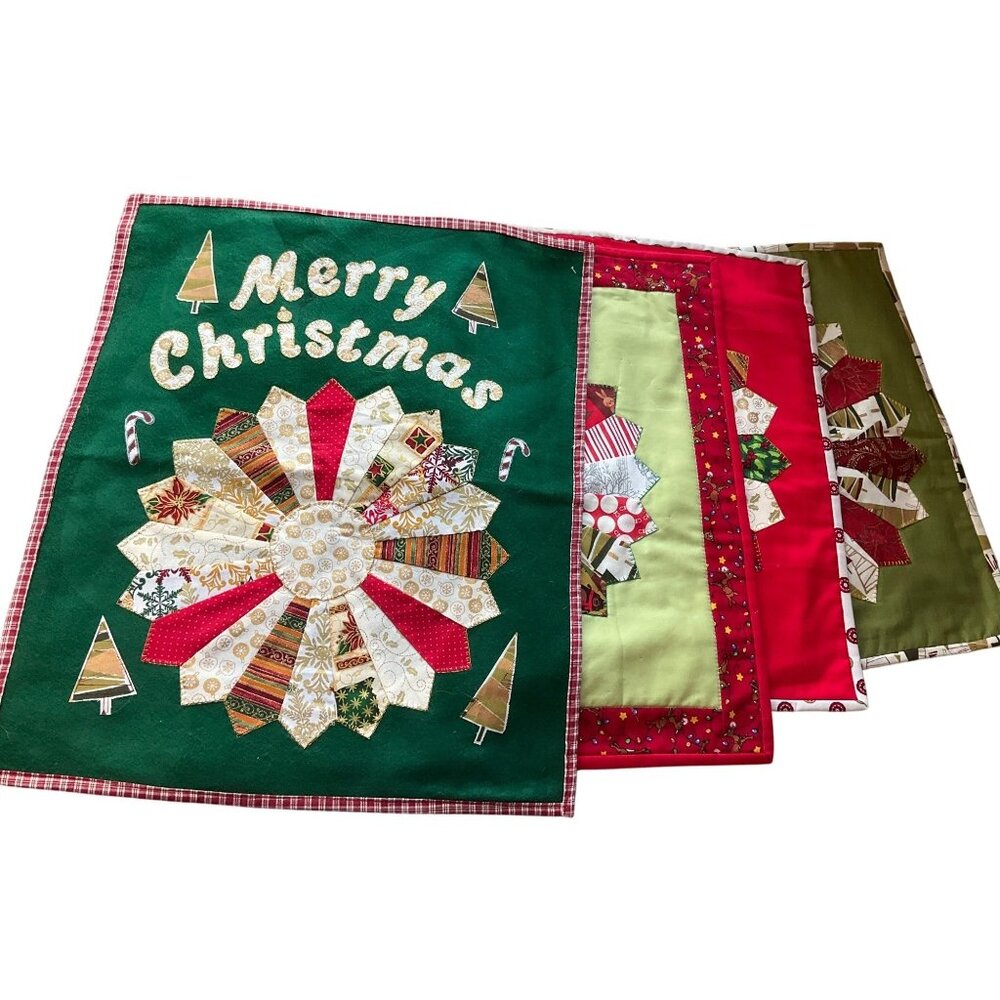 Handmade Christmas Quilted Patchwork Placemats Set Lot Of 4 Each Unique Design